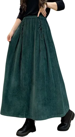 ebossy Women's Corduroy Maxi Skirt Elastic High Waist Drawstring Tie Front A-Line Pleated Long Skirt with Pockets
