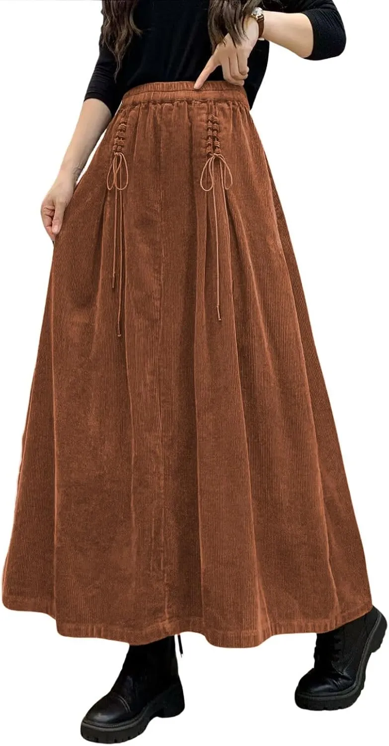 ebossy Women's Corduroy Maxi Skirt Elastic High Waist Drawstring Tie Front A-Line Pleated Long Skirt with Pockets