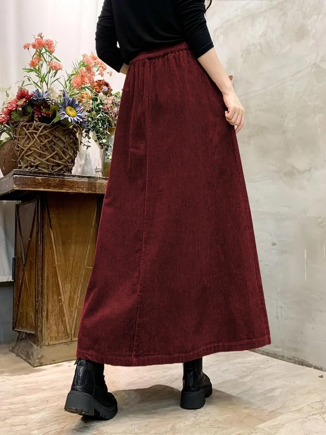 ebossy Women's Corduroy Maxi Skirt Elastic High Waist Drawstring Tie Front A-Line Pleated Long Skirt with Pockets