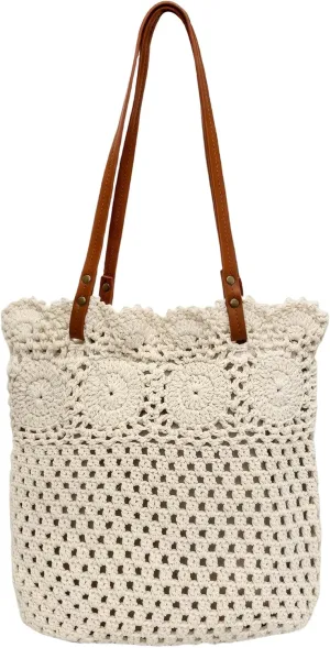 Eiyye Crochet Tote Bag Handwoven Cotton Beach Shoulder Bag with Linen Lining Hobo Summer Vacation Purse for Women (Off-White)