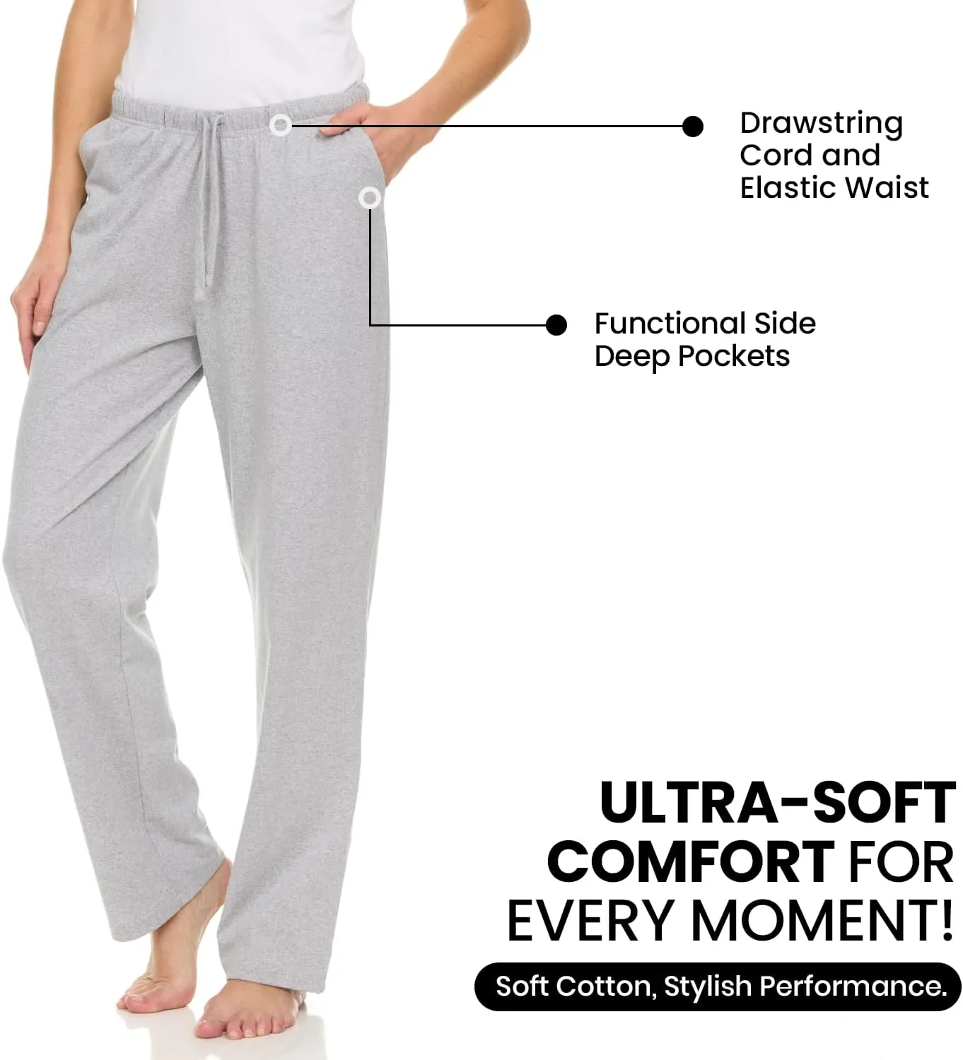 Essential Elements 3 Pack: Womens Cotton Jersey Pants - 100% Cotton Lounge Athletic Casual Sleep Casual Pajama PJ Pants