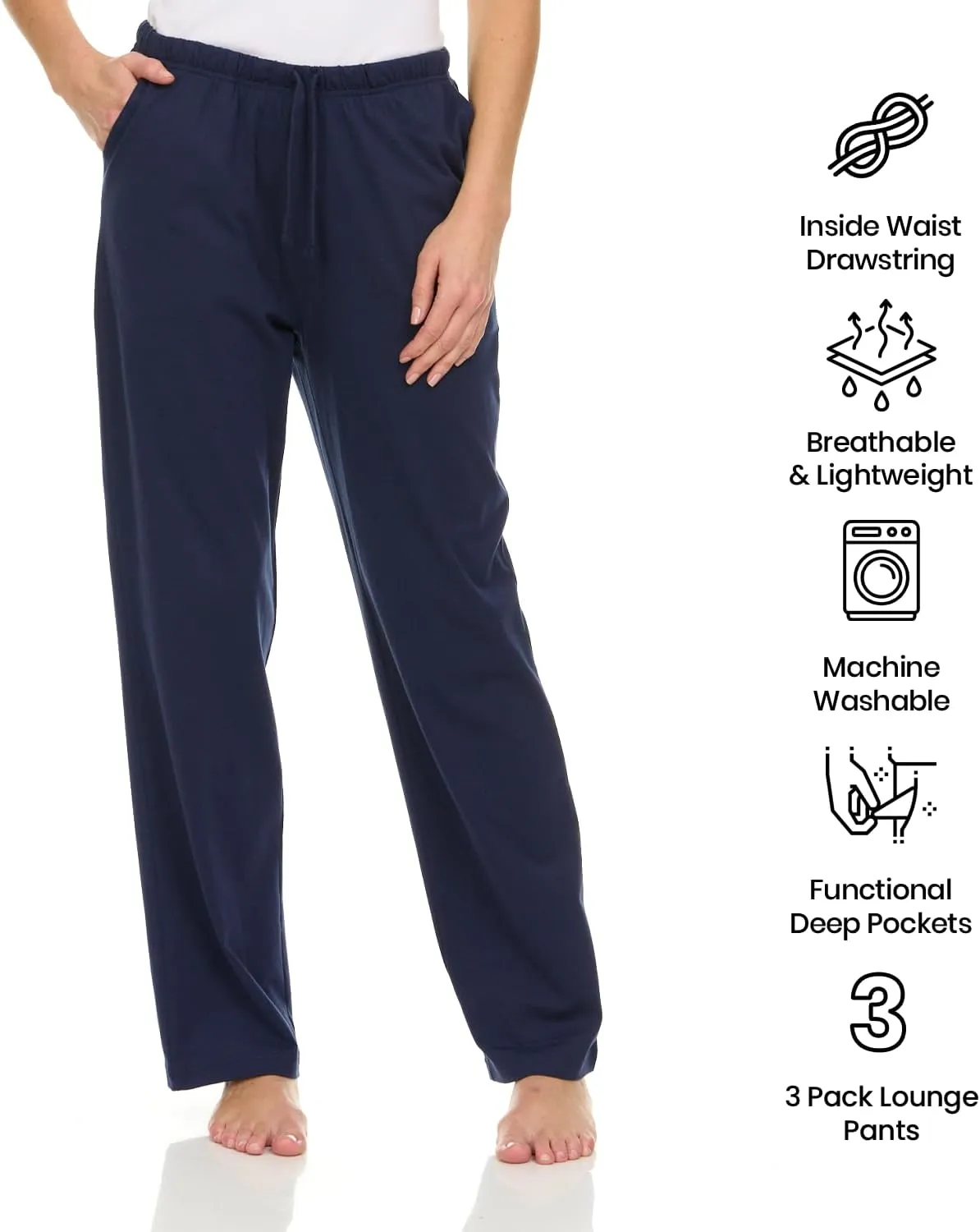Essential Elements 3 Pack: Womens Cotton Jersey Pants - 100% Cotton Lounge Athletic Casual Sleep Casual Pajama PJ Pants