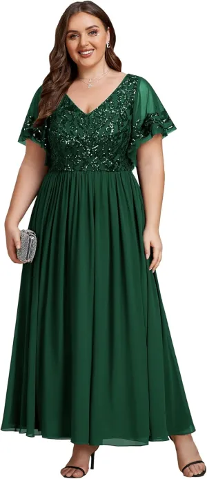 Ever-Pretty Plus Women's Sequin Chiffon Plus Size Short Sleeves Appliques Maxi Formal Mother of The Bride Dresses 01583-DA