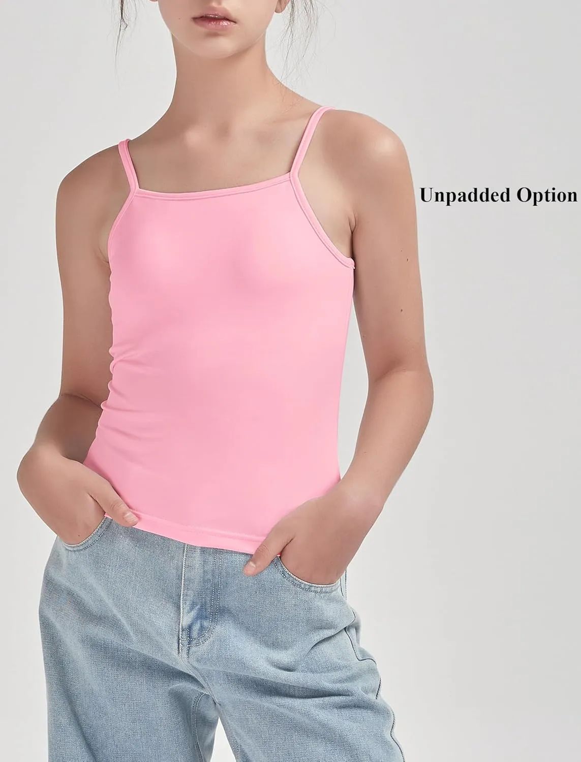 EXARUS 5/7 Pack Girls Padded/Unpadded Tank Tops Cropped/Full Length Stretchy Sleeveless Spaghetti Straps Cami Top