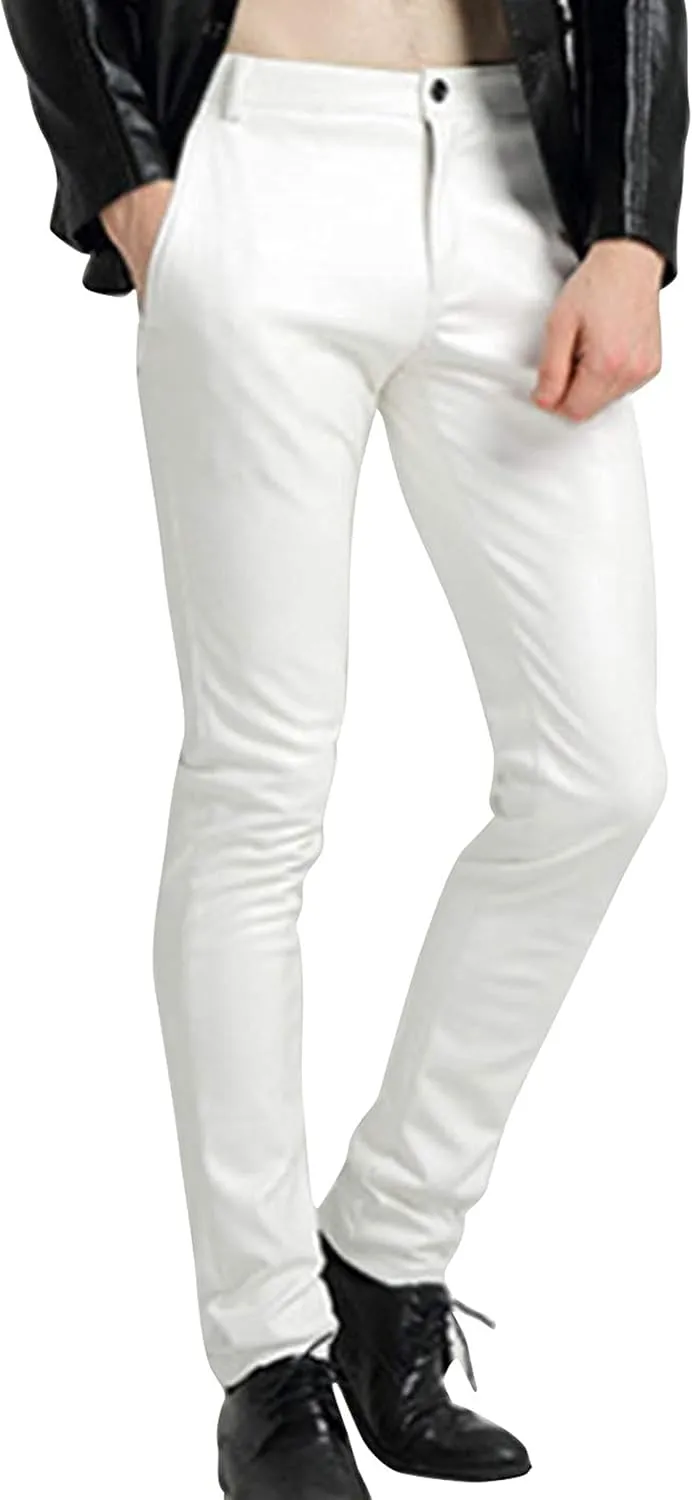 Faleave Men's Faux Leather Pants Skinny Stretch Black Red Slim Fit Suit Pants