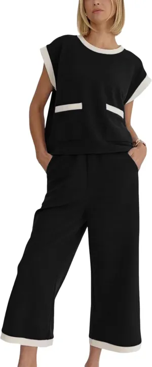Faleave Women's 2 Piece Summer Lounge Set Outfit Short Sleeve Pullover Tops Wide Leg Long Pants Tracksuit