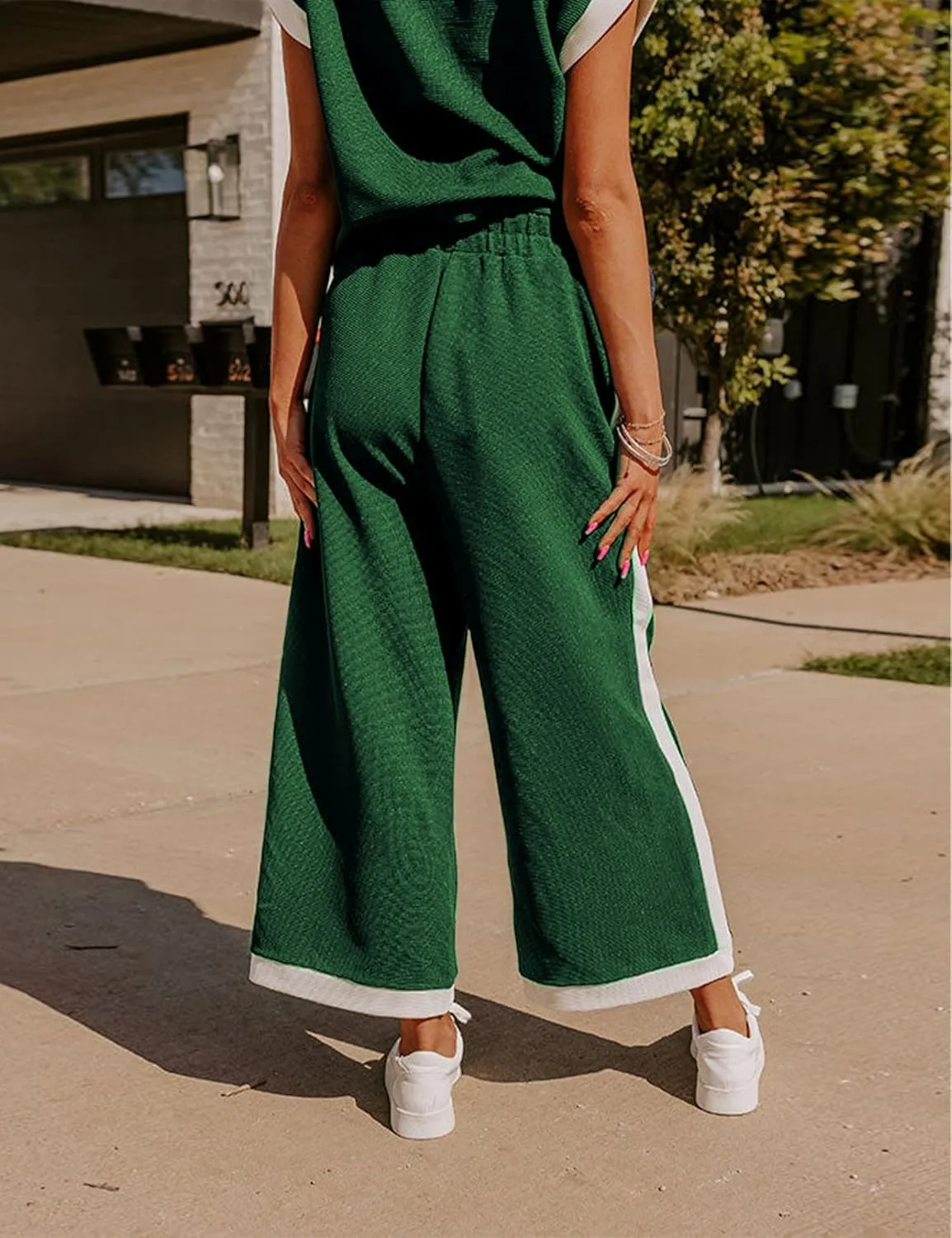 Faleave Women's 2 Piece Summer Lounge Set Outfit Short Sleeve Pullover Tops Wide Leg Long Pants Tracksuit