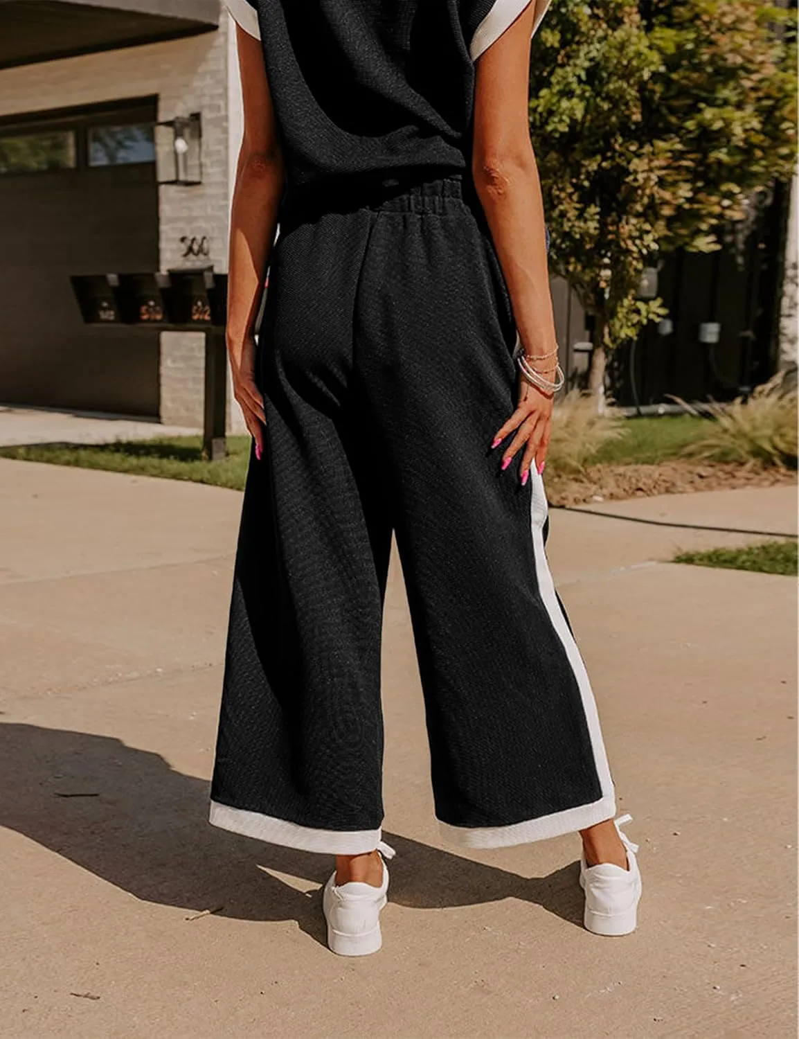 Faleave Women's 2 Piece Summer Lounge Set Outfit Short Sleeve Pullover Tops Wide Leg Long Pants Tracksuit