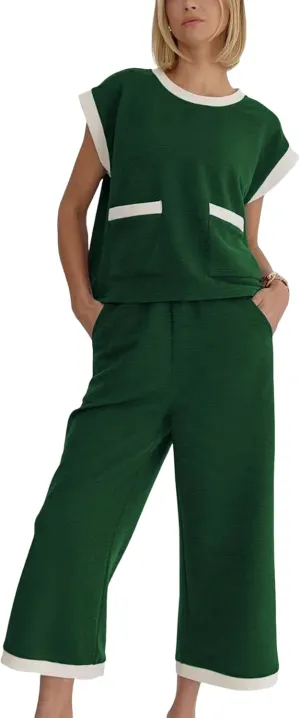 Faleave Women's 2 Piece Summer Lounge Set Outfit Short Sleeve Pullover Tops Wide Leg Long Pants Tracksuit