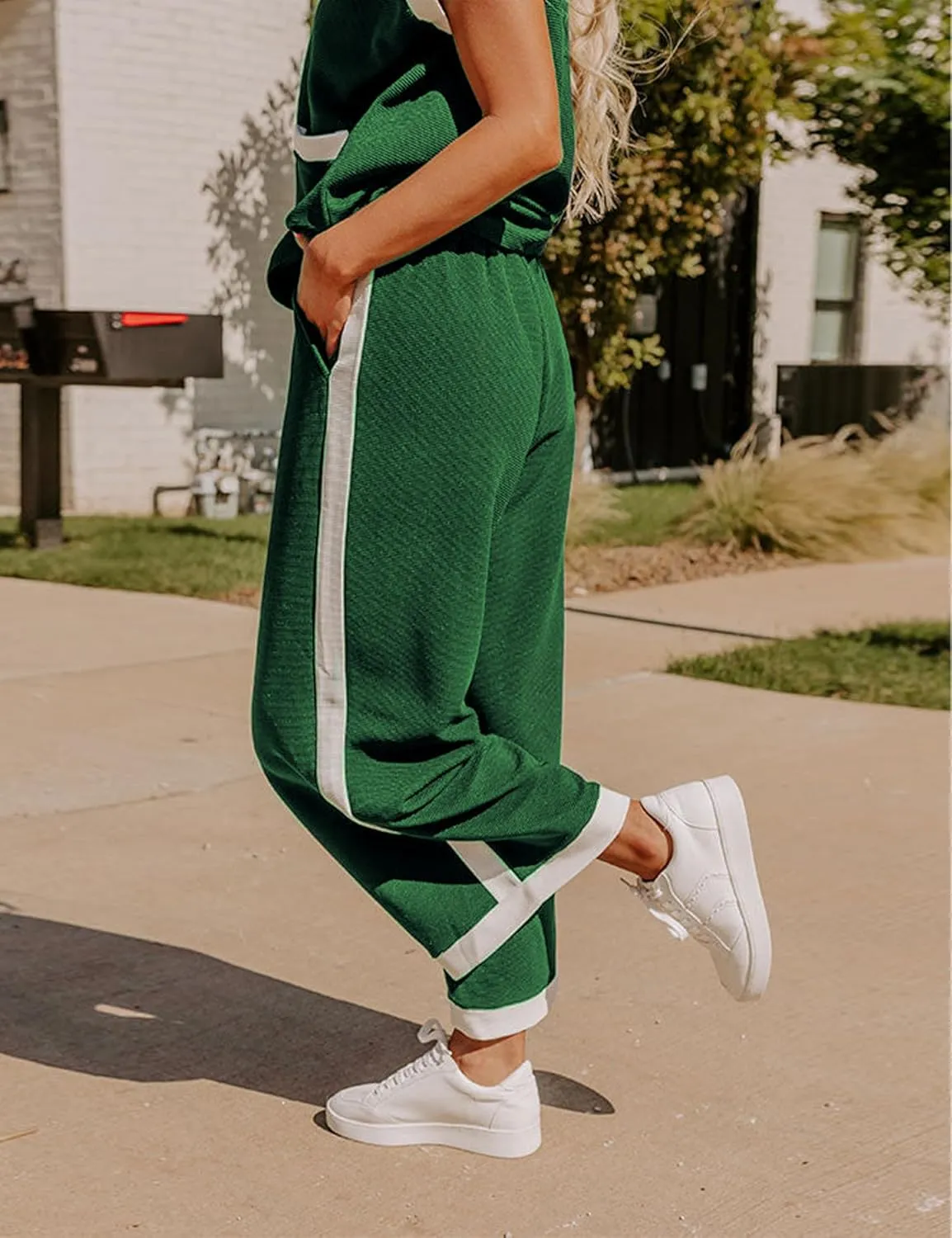 Faleave Women's 2 Piece Summer Lounge Set Outfit Short Sleeve Pullover Tops Wide Leg Long Pants Tracksuit