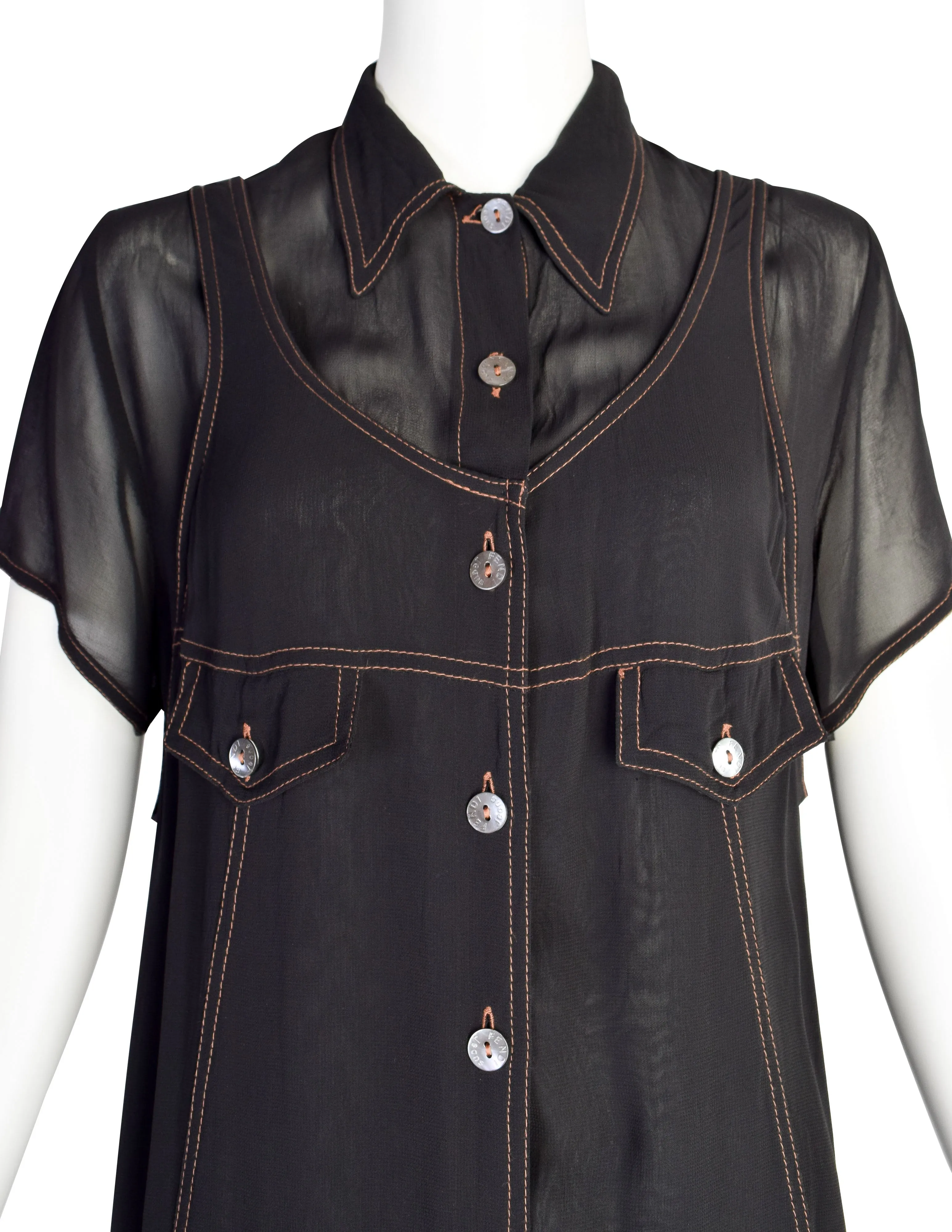 Fendi Vintage 1990s Black Sheer Layered Shirt Dress