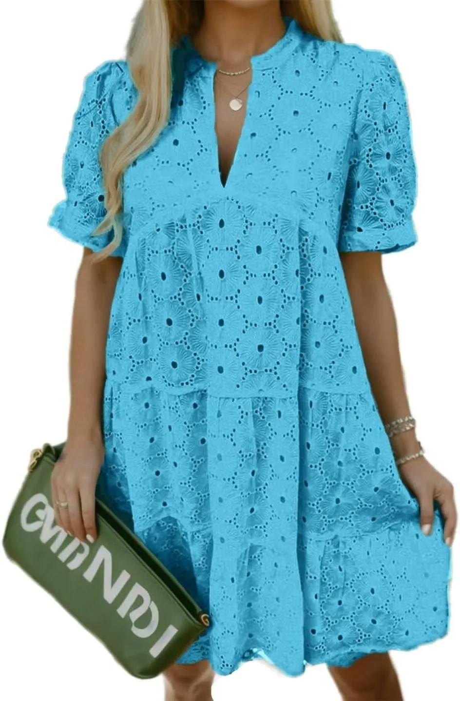 Flamingals Eyelet Dress for Women Embroidery Ruffle Hem Knee Length Casual Dress