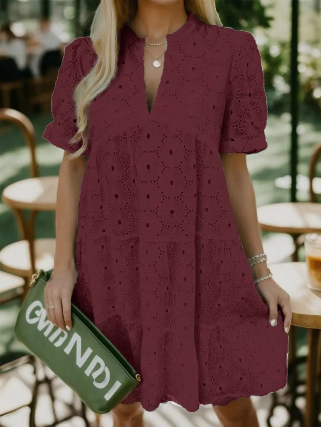 Flamingals Eyelet Dress for Women Embroidery Ruffle Hem Knee Length Casual Dress