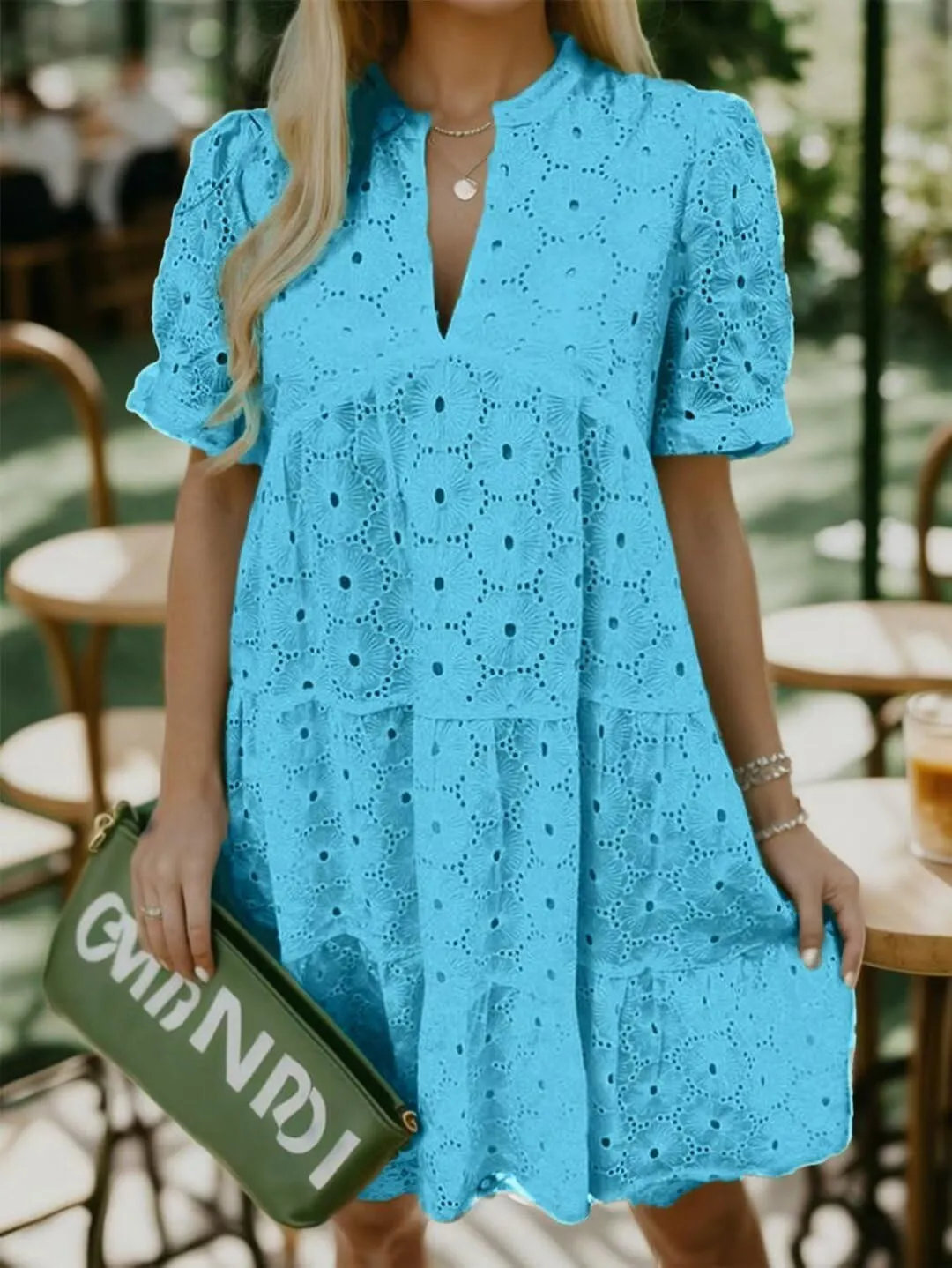 Flamingals Eyelet Dress for Women Embroidery Ruffle Hem Knee Length Casual Dress