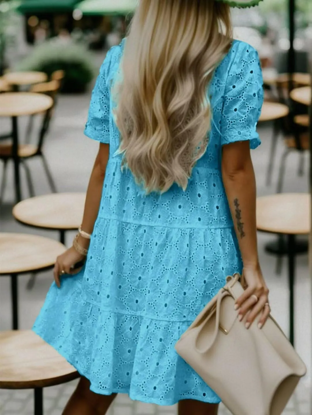 Flamingals Eyelet Dress for Women Embroidery Ruffle Hem Knee Length Casual Dress