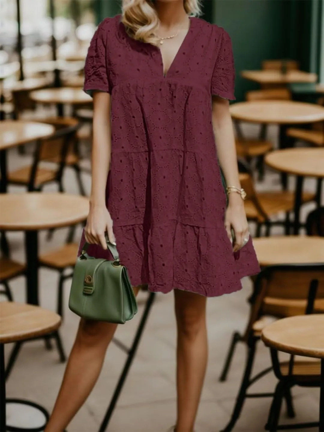 Flamingals Eyelet Dress for Women Embroidery Ruffle Hem Knee Length Casual Dress