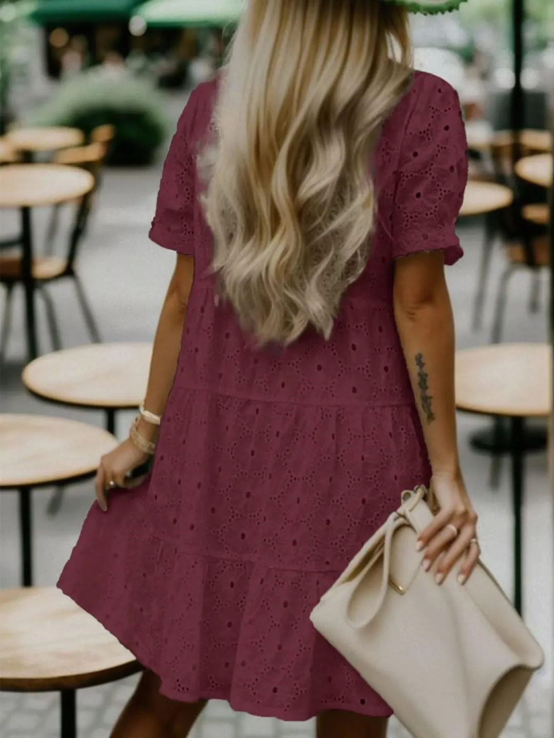 Flamingals Eyelet Dress for Women Embroidery Ruffle Hem Knee Length Casual Dress