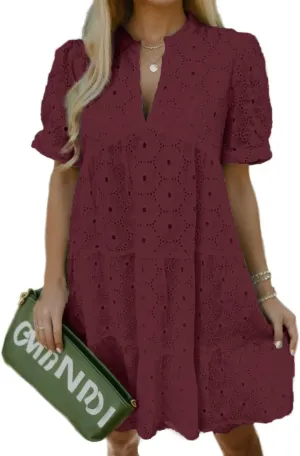 Flamingals Eyelet Dress for Women Embroidery Ruffle Hem Knee Length Casual Dress