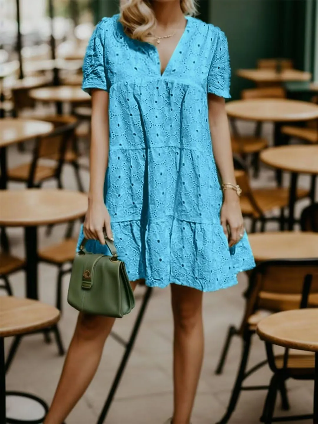 Flamingals Eyelet Dress for Women Embroidery Ruffle Hem Knee Length Casual Dress