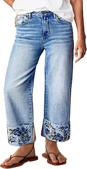 Flamingals High Waisted Straight Leg Cropped Jeans for Women Trendy Floral Embroidery Roll Raw Hem Casual Denim Ankle Pants