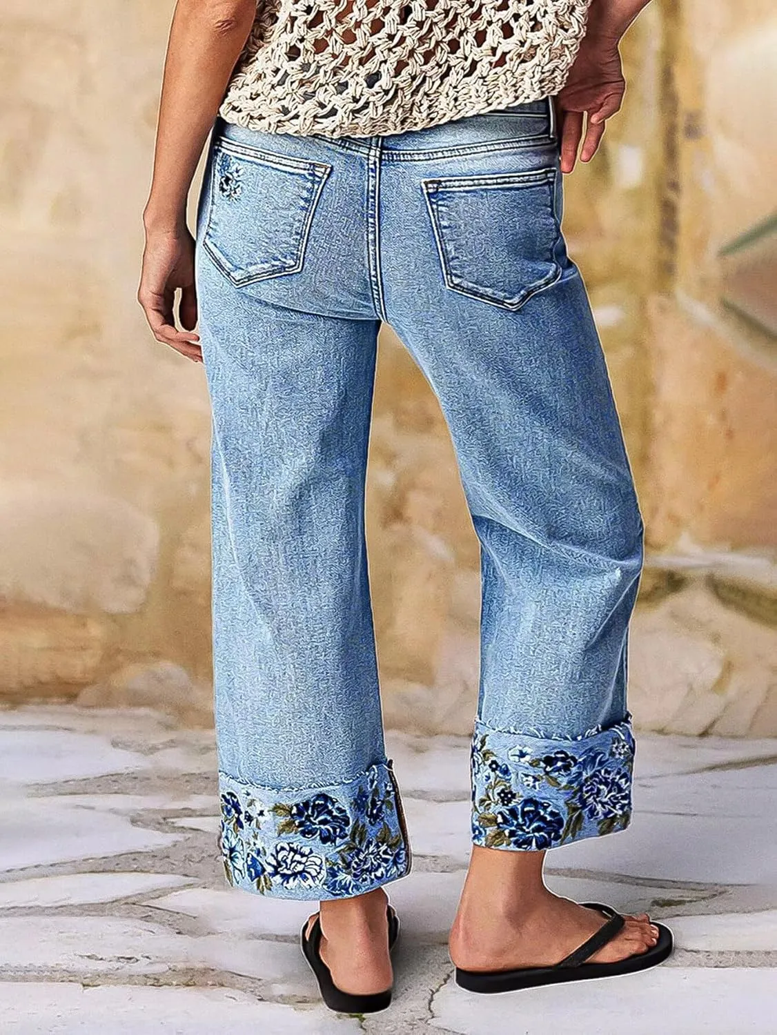 Flamingals High Waisted Straight Leg Cropped Jeans for Women Trendy Floral Embroidery Roll Raw Hem Casual Denim Ankle Pants