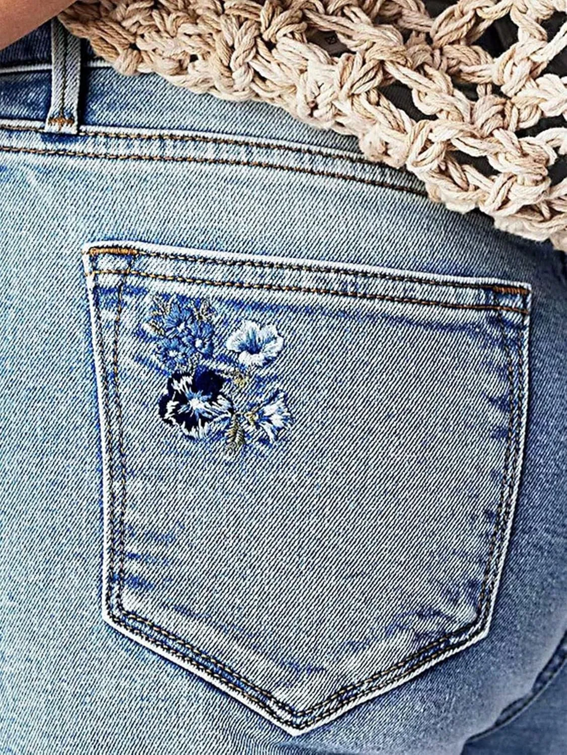 Flamingals High Waisted Straight Leg Cropped Jeans for Women Trendy Floral Embroidery Roll Raw Hem Casual Denim Ankle Pants