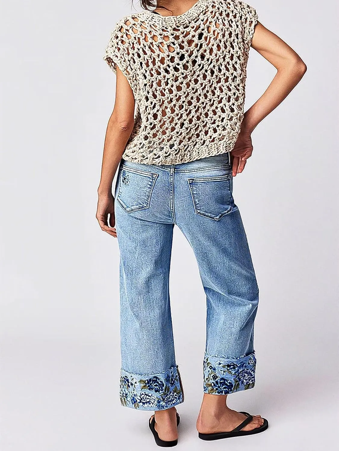 Flamingals High Waisted Straight Leg Cropped Jeans for Women Trendy Floral Embroidery Roll Raw Hem Casual Denim Ankle Pants