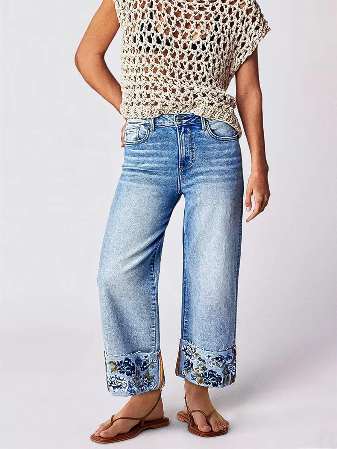 Flamingals High Waisted Straight Leg Cropped Jeans for Women Trendy Floral Embroidery Roll Raw Hem Casual Denim Ankle Pants