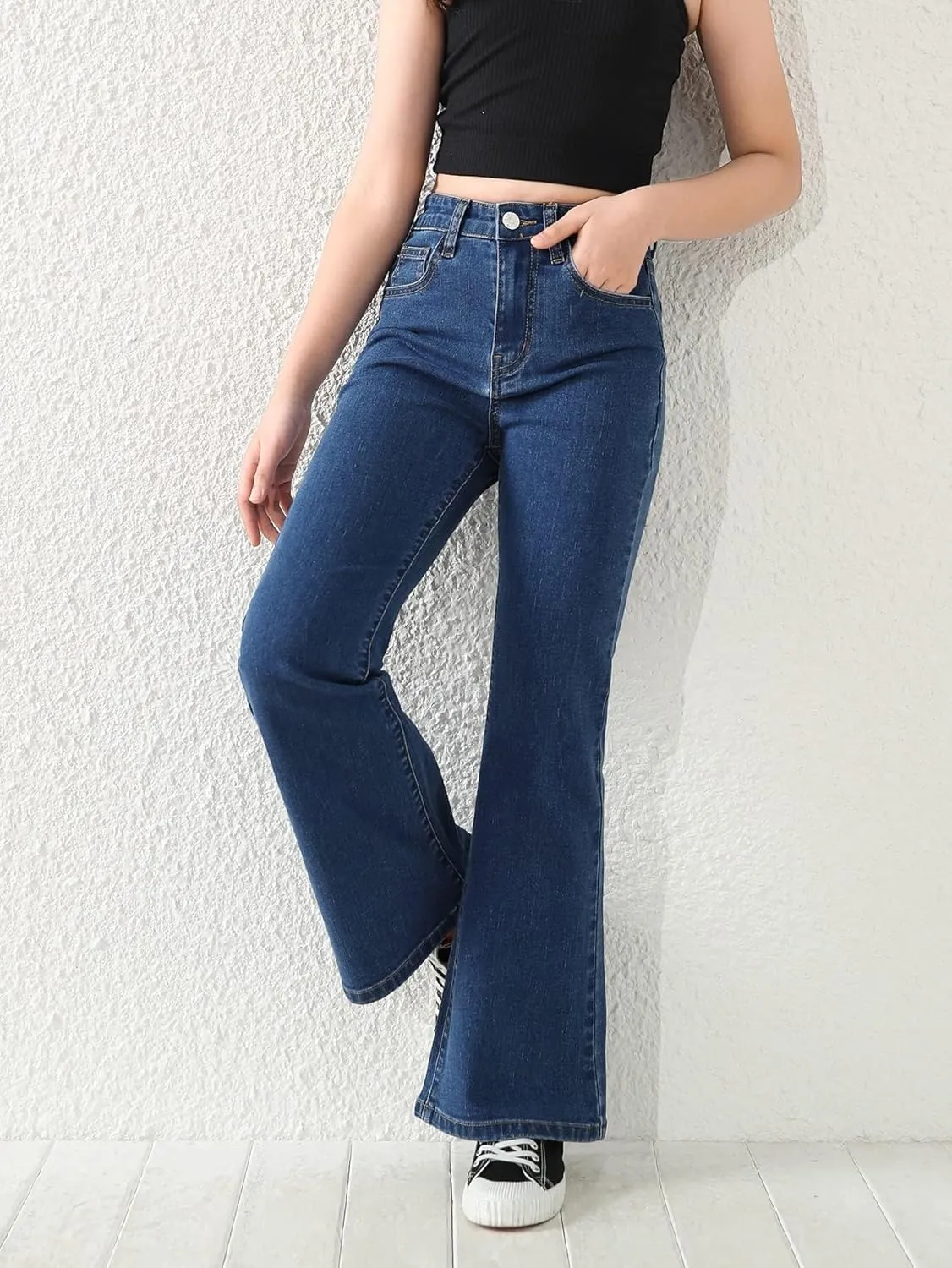 Floerns Girls Casual Denim Pants High Waist Flare Leg Jeans with Pocket