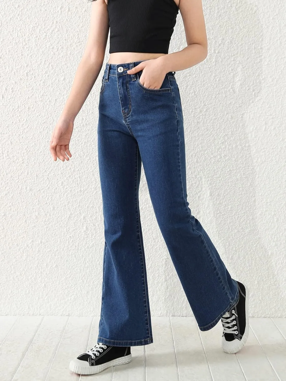 Floerns Girls Casual Denim Pants High Waist Flare Leg Jeans with Pocket