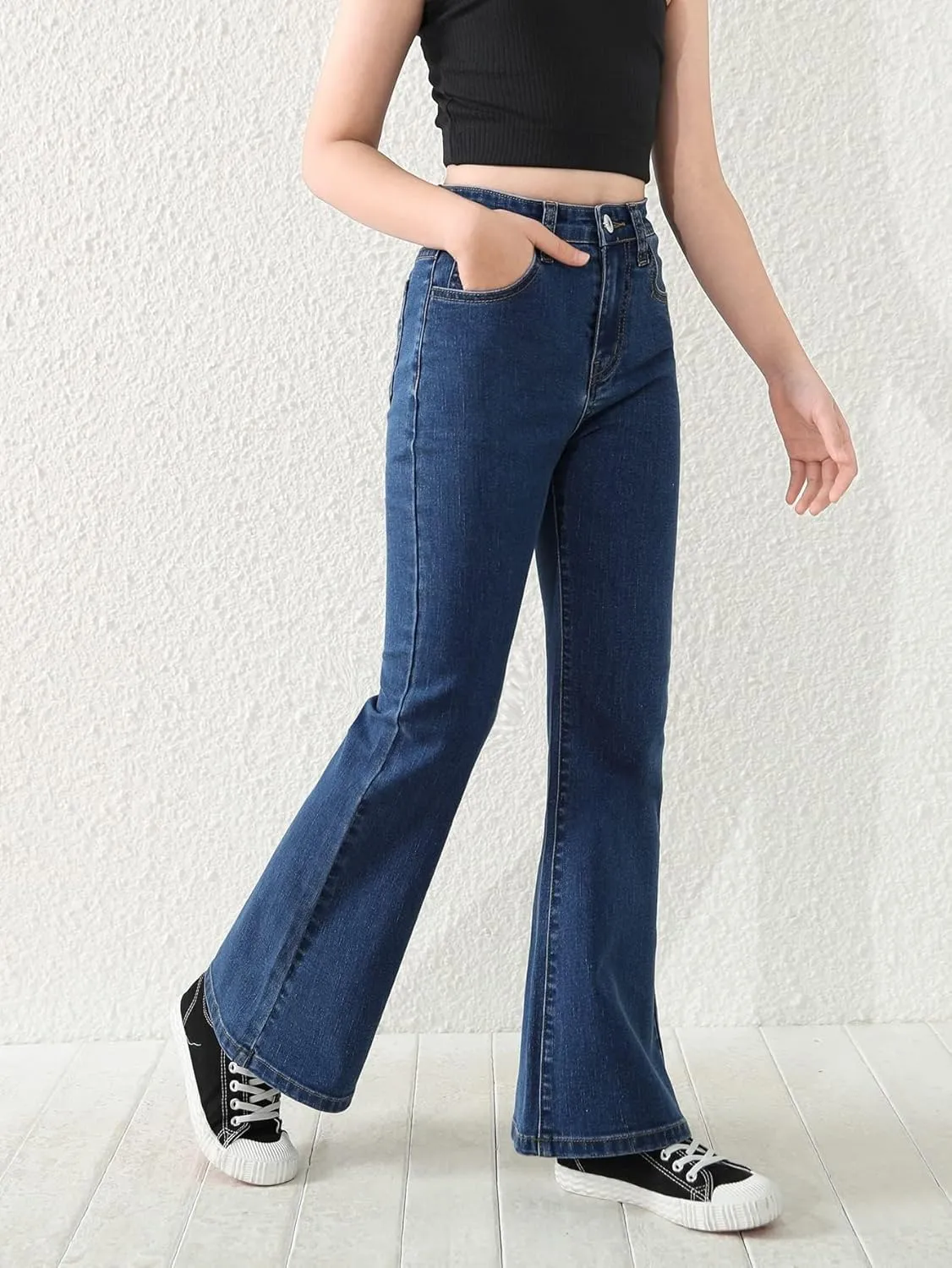 Floerns Girls Casual Denim Pants High Waist Flare Leg Jeans with Pocket
