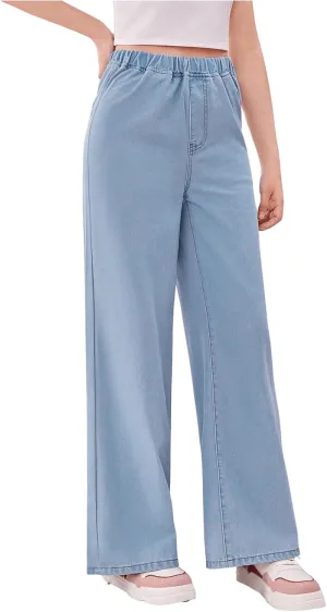 Floerns Girls Elastic Waist Wide Leg Jeans Loose Fit Baggy Denim Pants