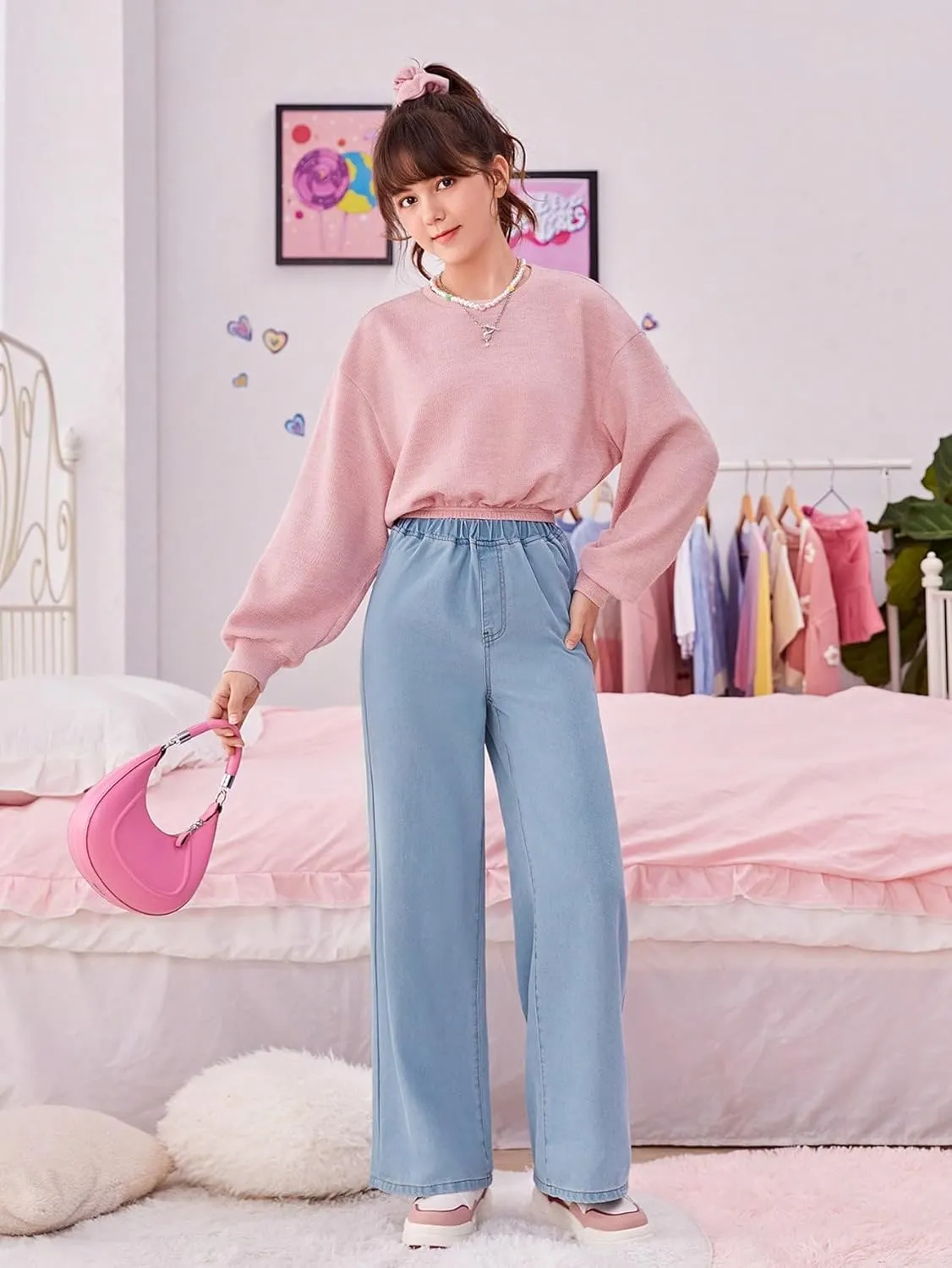 Floerns Girls Elastic Waist Wide Leg Jeans Loose Fit Baggy Denim Pants