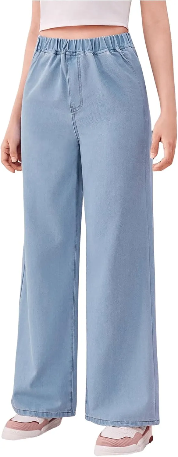 Floerns Girls Elastic Waist Wide Leg Jeans Loose Fit Baggy Denim Pants