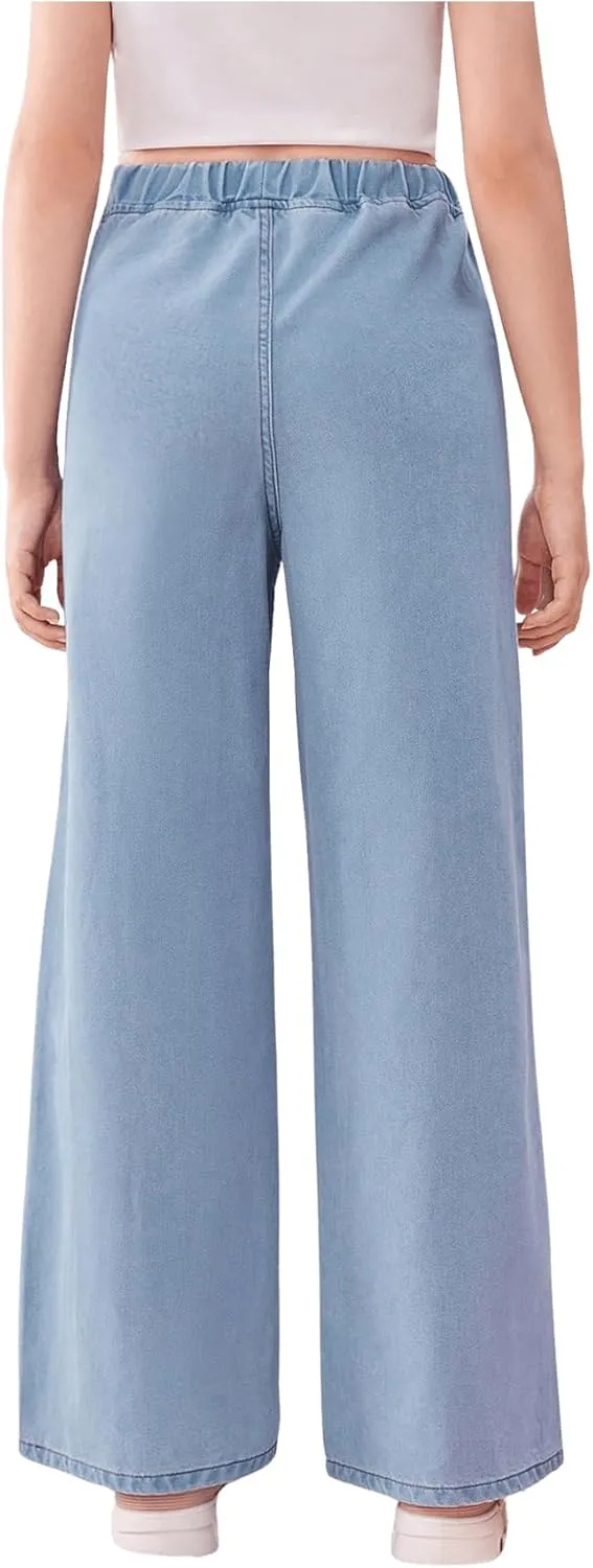Floerns Girls Elastic Waist Wide Leg Jeans Loose Fit Baggy Denim Pants