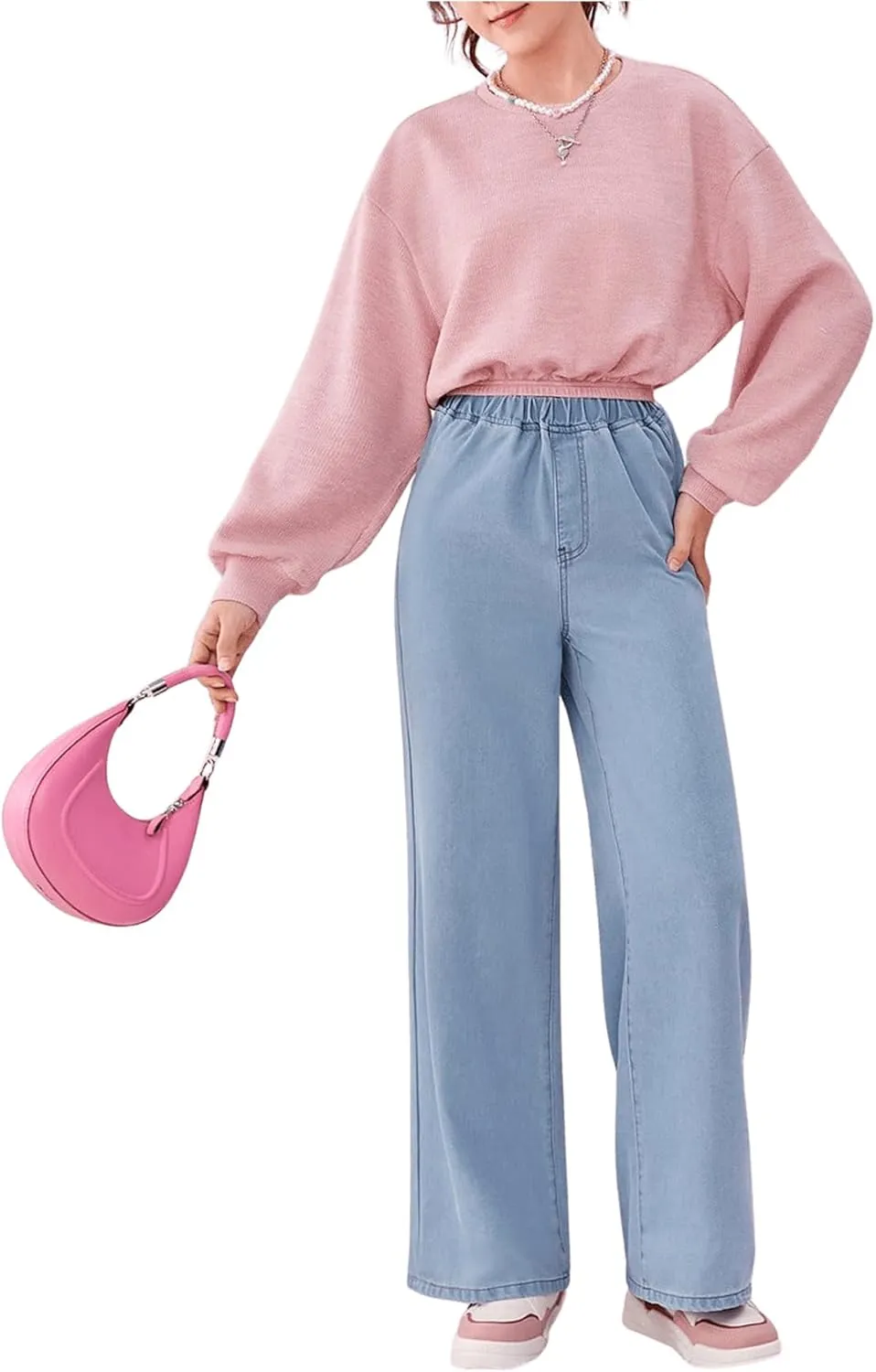 Floerns Girls Elastic Waist Wide Leg Jeans Loose Fit Baggy Denim Pants