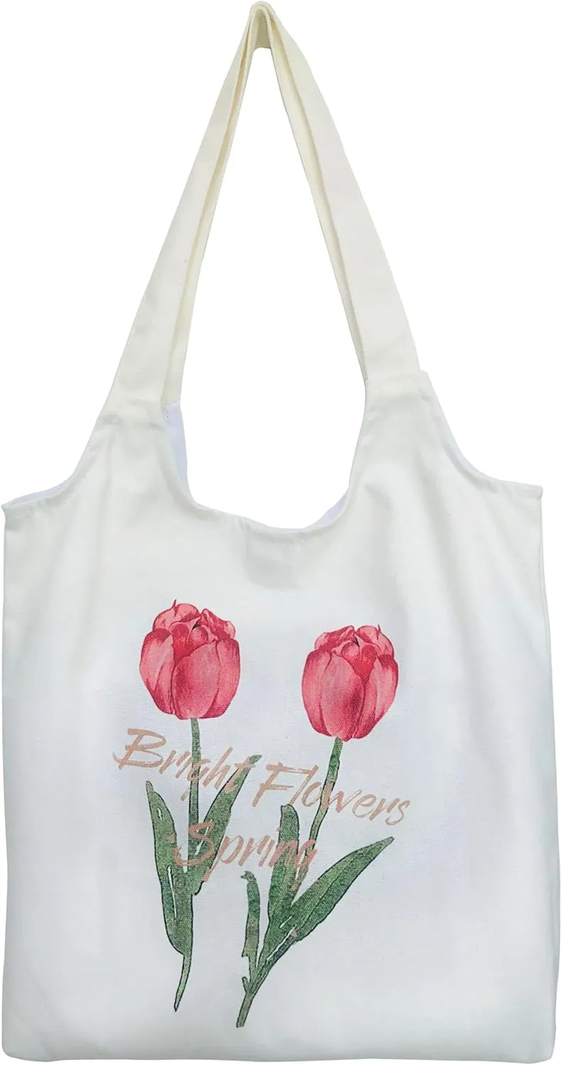Floral Canvas Tote Bag Botanical Shopping Bag Aesthetic Flower Tote Bag Large Capacity Grocery Bag for Women