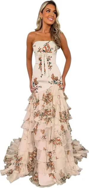 Floral Print Ruffles Prom Dresses Strapless Mermaid Chiffon Tiered Long Formal Evening Gown with Slit