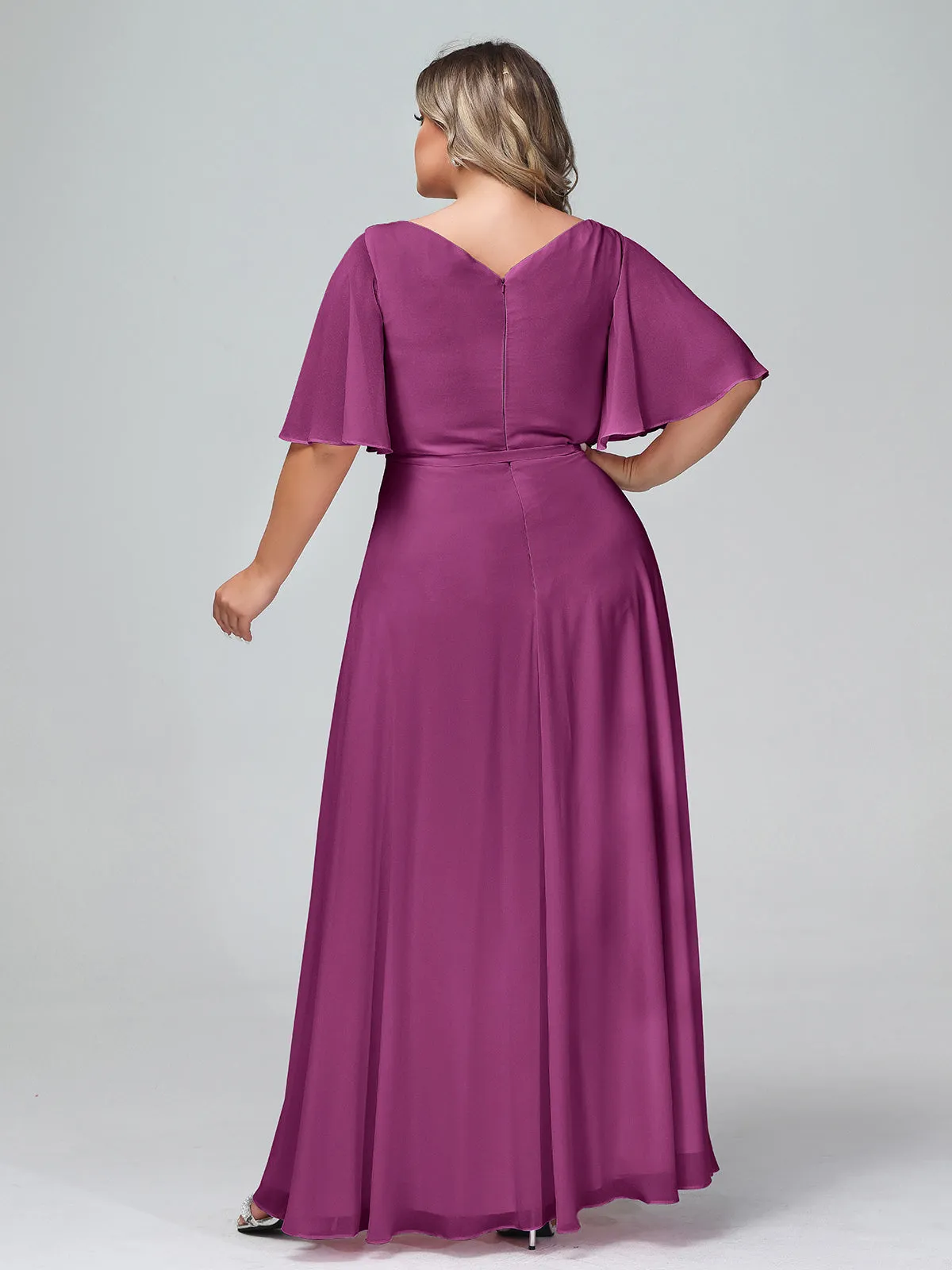 Flutter Sleeves Chiffon Max Dresses with Sash Bow-Orchid Plus Size