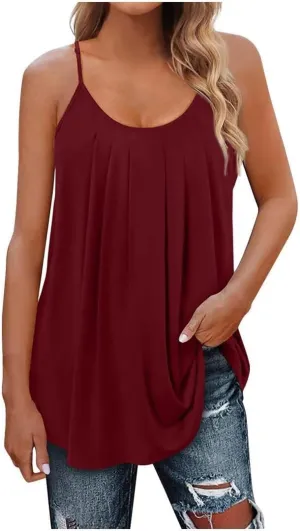FMCHICO Tank Top for Women Pleated Spaghetti Strap Camisole Loose Fit Casual Sleeveless Flowy Basic Tops