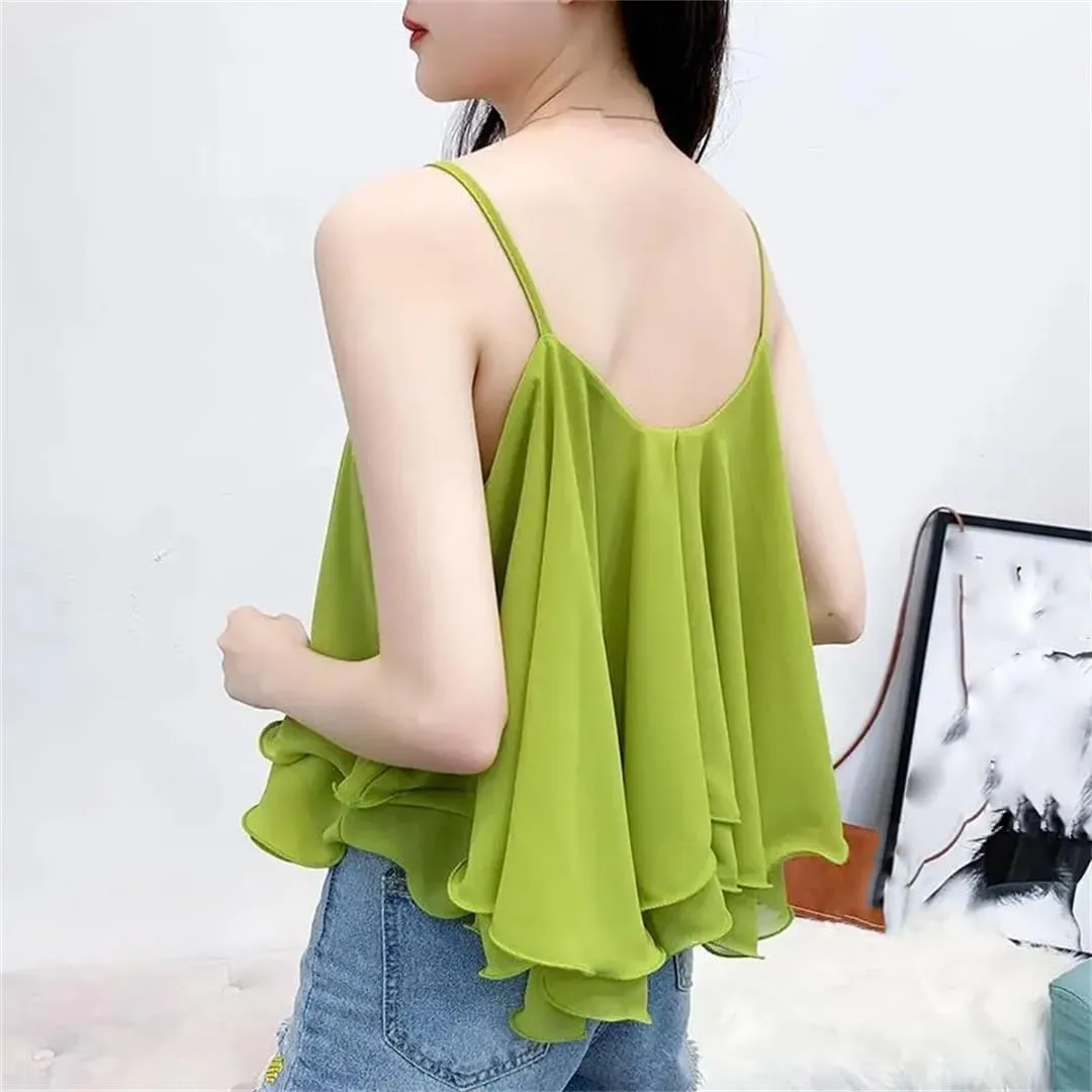Fnfmrfmr Women Sexy Backless Ruffle Tierred Asymmetrical Camisole Solid Y2K Sleeveless Vest Tank Tops