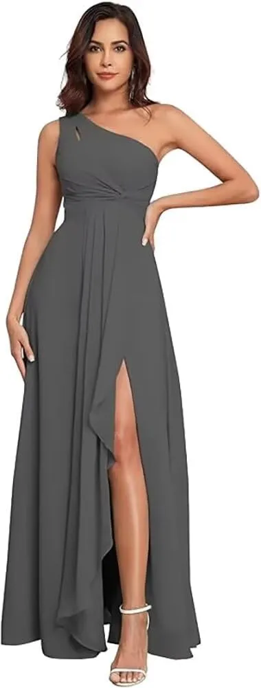 FOOHJMH One Shoulder Bridesmaid Slit Prom Dresses A Line Chiffon Evening Gowns for Women 2025