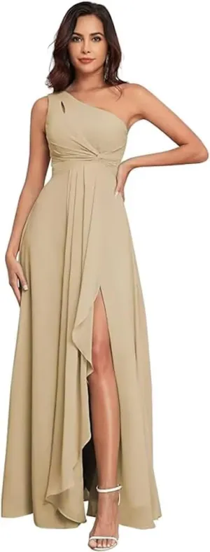 FOOHJMH One Shoulder Bridesmaid Slit Prom Dresses A Line Chiffon Evening Gowns for Women 2025