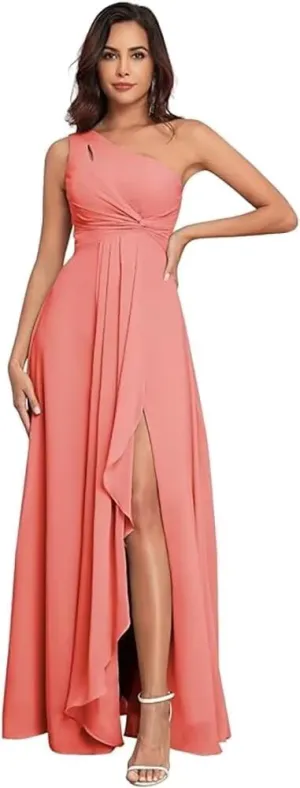 FOOHJMH One Shoulder Bridesmaid Slit Prom Dresses A Line Chiffon Evening Gowns for Women 2025