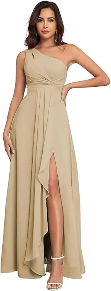 FOOHJMH One Shoulder Bridesmaid Slit Prom Dresses A Line Chiffon Evening Gowns for Women 2025