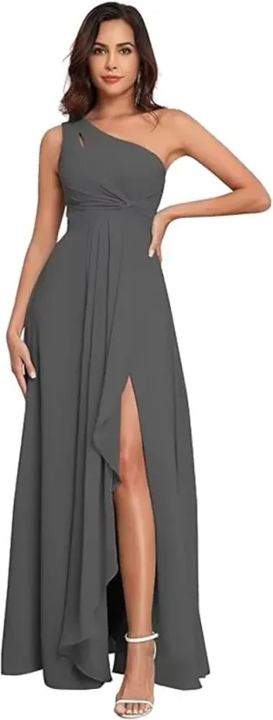 FOOHJMH One Shoulder Bridesmaid Slit Prom Dresses A Line Chiffon Evening Gowns for Women 2025