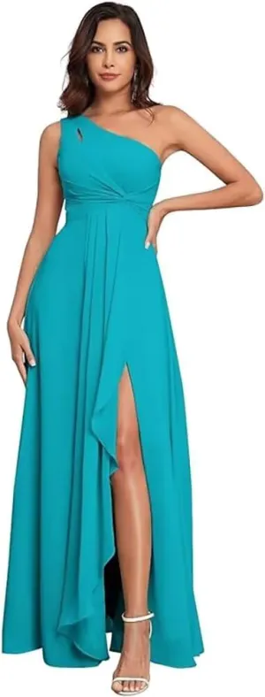 FOOHJMH One Shoulder Bridesmaid Slit Prom Dresses A Line Chiffon Evening Gowns for Women 2025