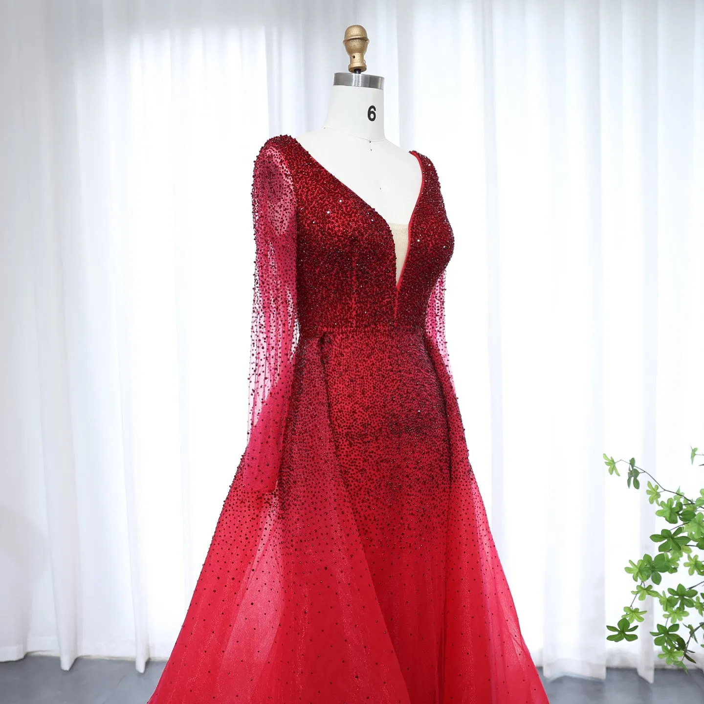 For Sale Burgundy Long Sleeves Evening Dress with Overskirt SS293