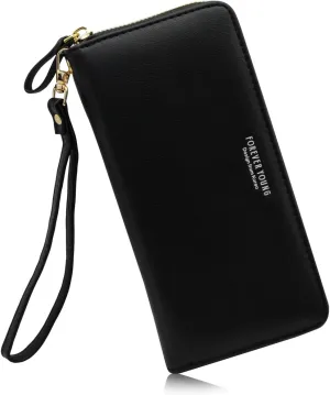 FuninCrea Womens Wallet, PU Leather Wristlet Wallet Purses for Women Long Keychain Wallet Card Holder Cute Womens Purses with Multiple Card Slots & Coin Pocket for Card Cash Phone (Black)