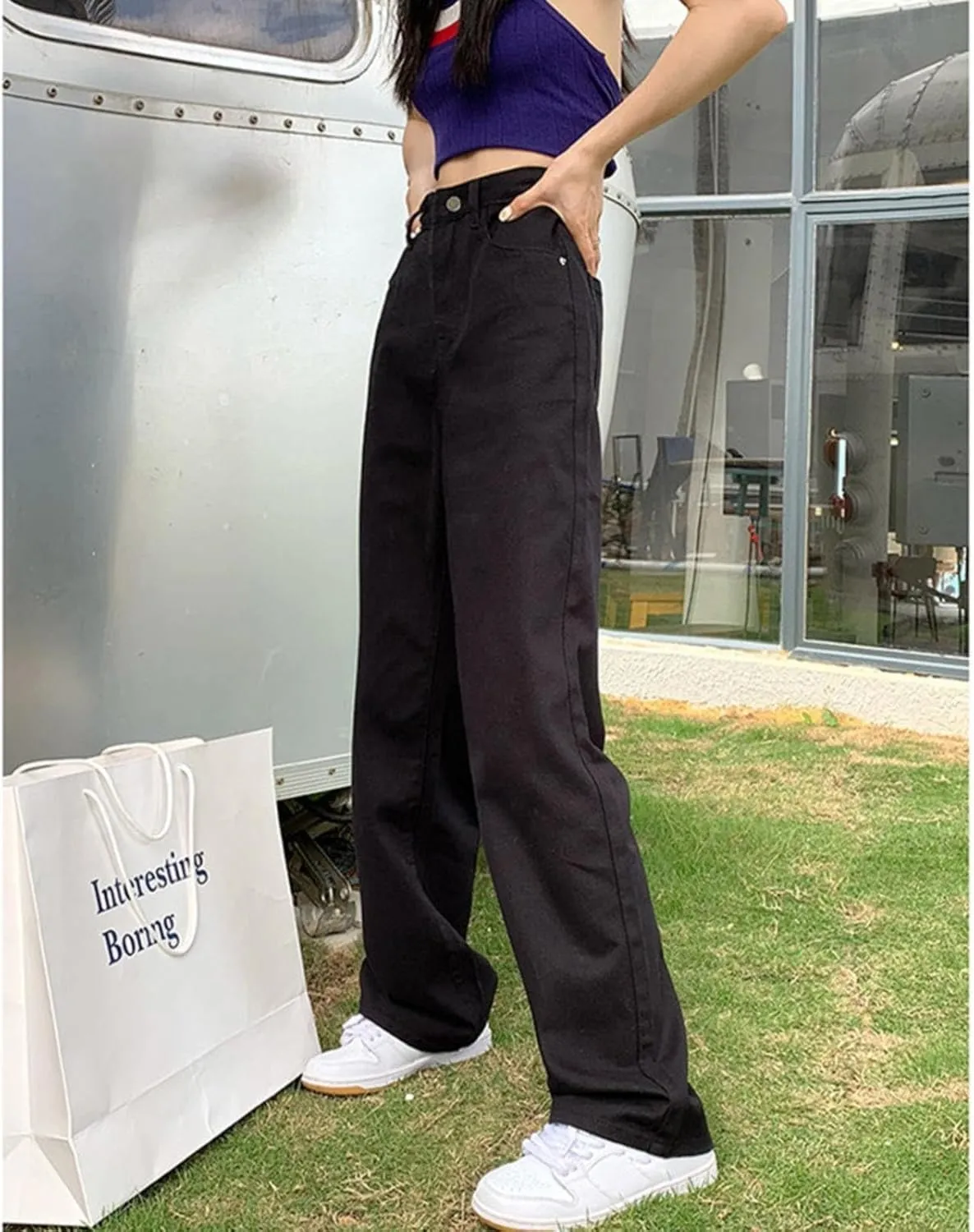 FZVYD Women's High Waisted Jeans Boyfriend Baggy Straight Leg Casual Denim Pants Streetwear Plus Size Trousers with Pockets